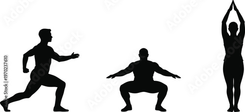 Set of Fitness Exercise Poses Silhouette Lunge Squat and Stretching
