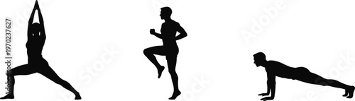 Workout Poses Silhouette Set Warrior Pose Running and Plank Exercise
