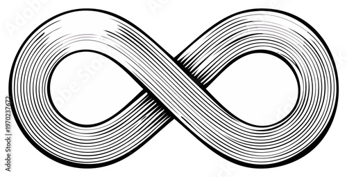 Engraved infinity symbol, loop illustration. Infinite concept in black and white.