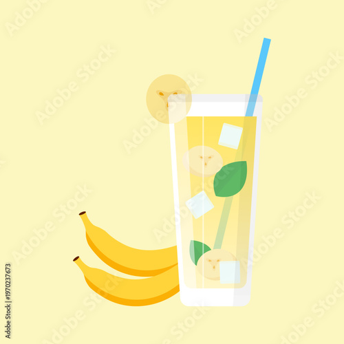 Banana Smoothie With Mint And Ice In Tall Glass Vector Illustration