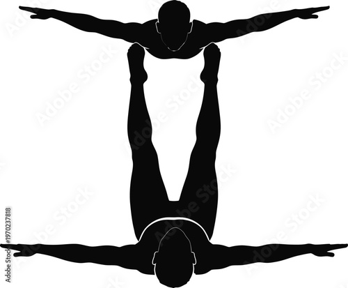 Partner Acroyoga Balance Silhouette Teamwork And Strength Concept
