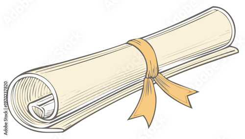 Illustration of graduation diploma scroll tied with elegant gold ribbon for university graduation celebration