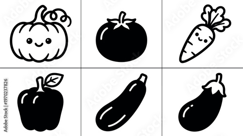 Black and white cute pumpkin carrot tomato bell pepper zucchini and eggplant vector art