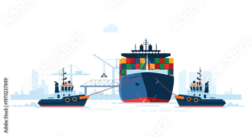A clean flat vector image of tugboats helping a large cargo ship navigate near the harbor dock, incorporating simple geometric shapes, a modern shipping logistics concept, and a white background.