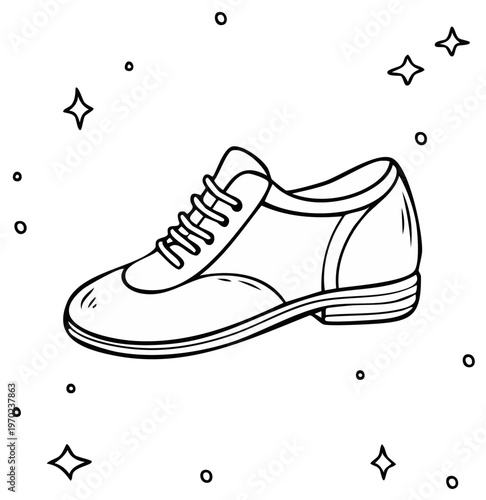 Outlined illustration of a vintage shoe with decorative stars around it.