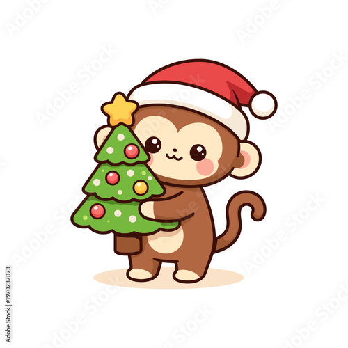 Cute monkey with Christmas tree illustration, Chinese New Year 2028 symbol, cartoon character in Santa hat, festive holiday design