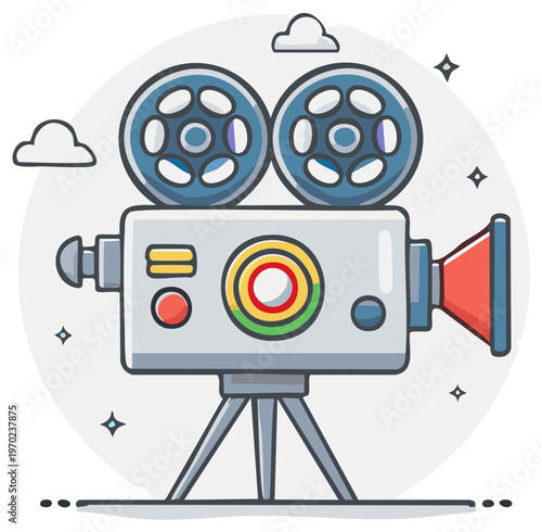 Vintage Style Movie Camera with Reels and Details Cartoon Cinema Design