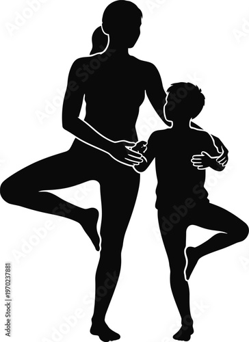 Mother and Child Doing Yoga Tree Pose Silhouette Wellness Concept
