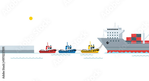 A minimal flat vector artwork depicting tugboats maneuvering a large cargo ship close to the harbor, using simple geometric shapes, a modern shipping logistics concept, and a white background.