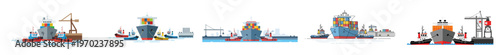 A minimal flat vector illustration of tugboats pushing and guiding a large cargo ship near the harbor dock, featuring simple geometric shapes, a modern shipping logistics concept.