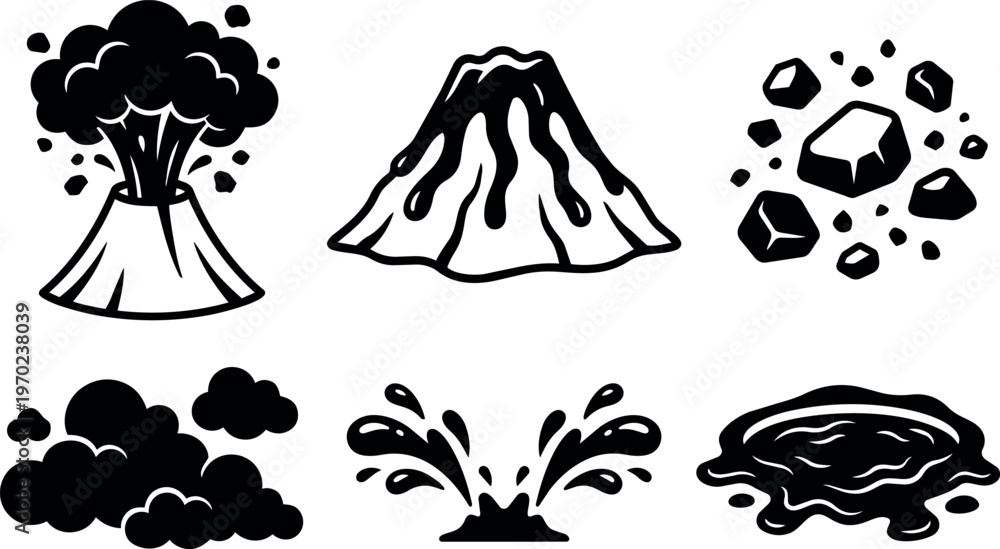Fototapeta premium Black and white volcanic eruption smoke lava rocks splashes vector art