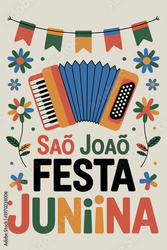 Sao Joao Festa Junina accordion and flags illustration
