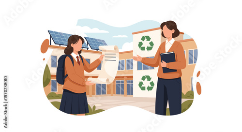 A young student carrying a backpack presents a long paper scroll to her teacher outside a modern school building equipped with rooftop solar panels.