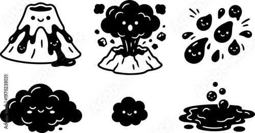 Black and white cute cartoon volcano eruption and smoke faces vector art