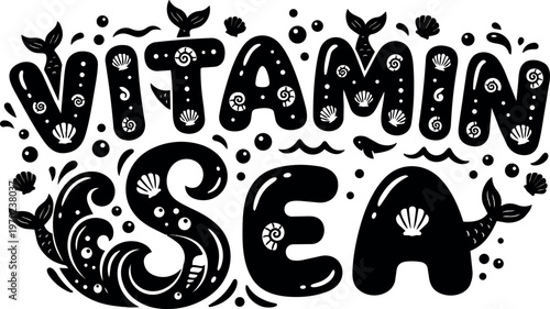 Vitamin sea lettering with seashells waves and whale tails black and white vector art