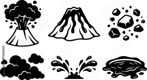 Black and white volcanic eruption smoke lava rocks splashes vector art