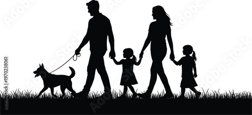 Family, walking, dog, silhouettes, parents, children, pet, outdoor, grass, vector, illustratiolifestyle, bonding, love, togetherness, domestic, activity, nature, minimal, design, modern, artwork