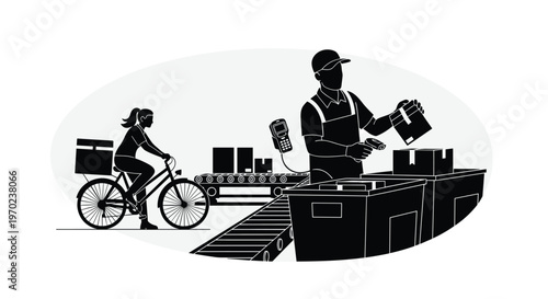 A warehouse employee scans packages near a conveyor belt while a delivery courier on a bicycle prepares to transport orders to their final destination.