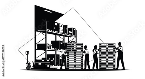 A team of four industrious warehouse workers wearing overalls collaborates to stack heavy wooden pallets near tall industrial storage racks of boxes.