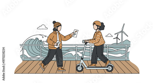 Two casual individuals engage in a friendly document exchange while standing on a rustic wooden pier overlooking turbulent ocean waves and wind turbines.