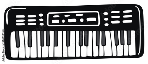 Simple cartoon illustration of a black electronic keyboard with white keys and a digital display