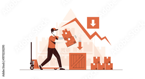 A diligent warehouse employee carefully stacks cardboard boxes onto a wooden crate while a prominent downward arrow indicates a decrease in inventory.