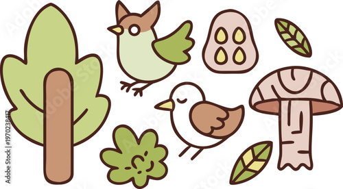 A whimsical illustration depicts a forest with birds trees and mushrooms