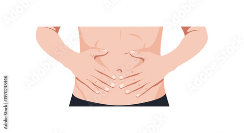 An illustration shows a person's bare midsection with both hands placed on the stomach, indicating discomfort.
