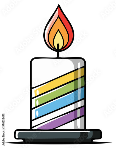 Cartoon candle illustration with colorful diagonal stripes and a bright flame.