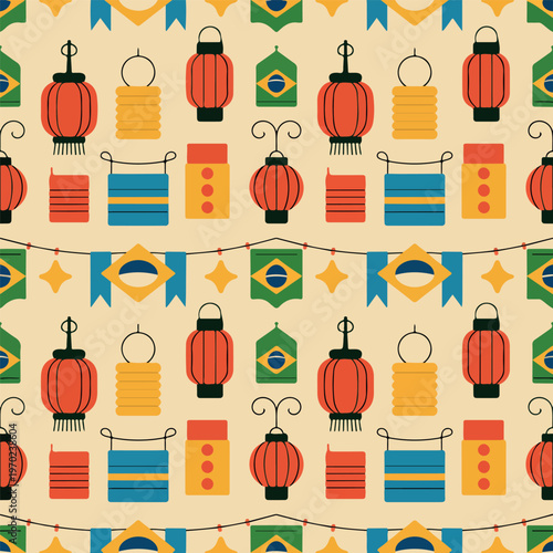 Seamless pattern of Brazilian flags and lanterns for Sao Joao festival