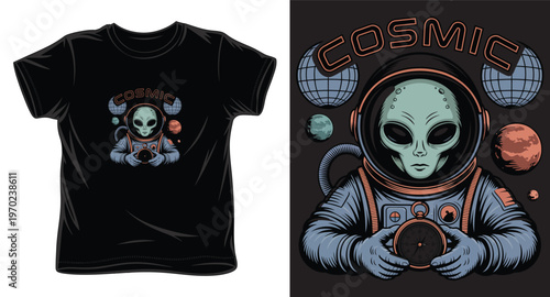 Retro cosmic alien astronaut with planets and arch text typography t-shirt vector art
