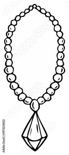 Necklace illustration, hand drawn jewelry pendant sketch in black and white.