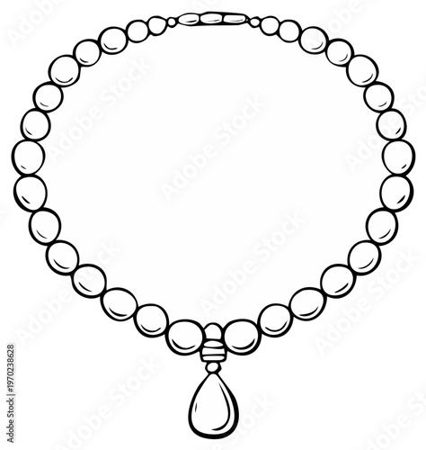 Elegant beaded necklace pendant jewelry illustration, black and white outline
