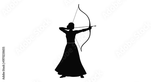A black silhouette shows a female archer in a simple flowing dress drawing a longbow with an arrow against a white background.
