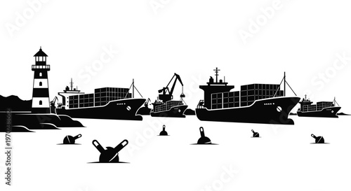 Massive cargo container ships navigate through a busy maritime harbor past a tall striped lighthouse and floating buoys in a stark black and white scene.