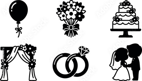 Black and white wedding icons set with bride groom cake bouquet and balloon