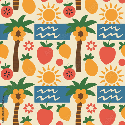 Seamless pattern of cartoon palm trees sun and fruit