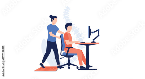 An ergonomic specialist meticulously adjusts the seated posture of a male office worker at a height-adjustable desk featuring a stylized human spinal column graphic.