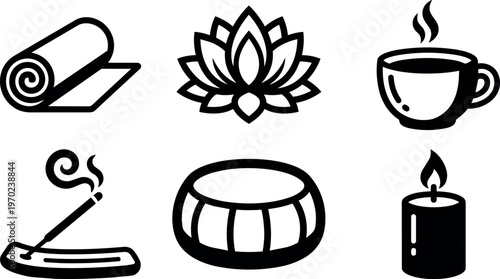 Black and white line art spa icons with yoga mat lotus cup incense bowl and candle