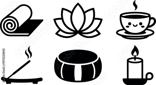 Black and white yoga mat lotus cup incense holder candle icons