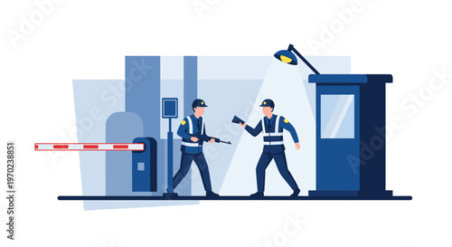 Two vigilant security personnel in dark blue uniforms stand guard near a striped traffic barrier and a modern sentry booth under bright outdoor lighting.