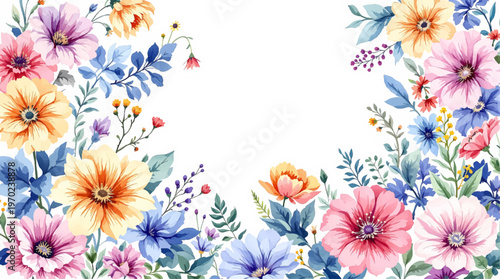 A refined floral border with watercolor textures and gentle pastel shades throughout