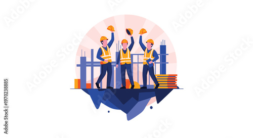 Three cheerful construction workers wearing bright orange safety vests and yellow hard hats celebrate a successful project completion atop a dark blue foundation site.