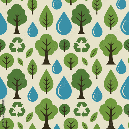Seamless pattern of green trees blue water drops and recycling symbols 1