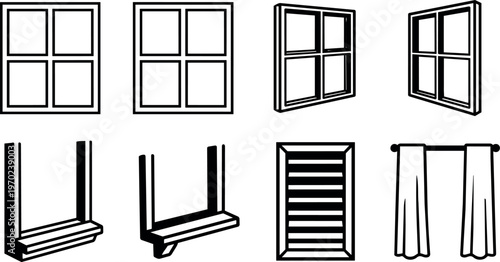 Window frames shutters curtains set