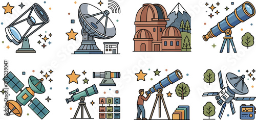 Vector set of eight colorful astronomical icons featuring various telescopes satellite dish and observatory equipment for space exploration science education and stargazing.