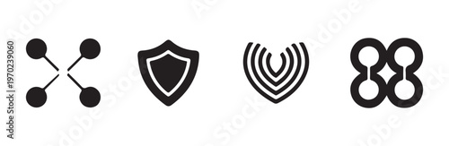 Shield and abstract heart shape icons with node connections and linked circle logo designs