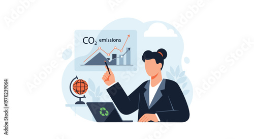 A professional female executive in a dark suit points toward a rising CO2 emissions data chart while working at a laptop featuring a green recycling logo.