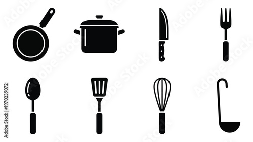 A collection of black kitchen utensils including a frying pan pot knife and spoon a silhouette high quality professional detailed modern