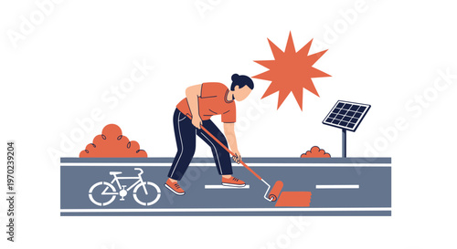 A dedicated municipal worker uses a long-handled paint roller to apply a vibrant orange coating to a dedicated bicycle lane on a grey asphalt road surface.